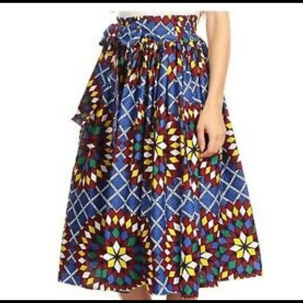 African Dashiki Printed Wax Elastic Waist Flared Skirt Tribal One Size - Picture 2 of 6